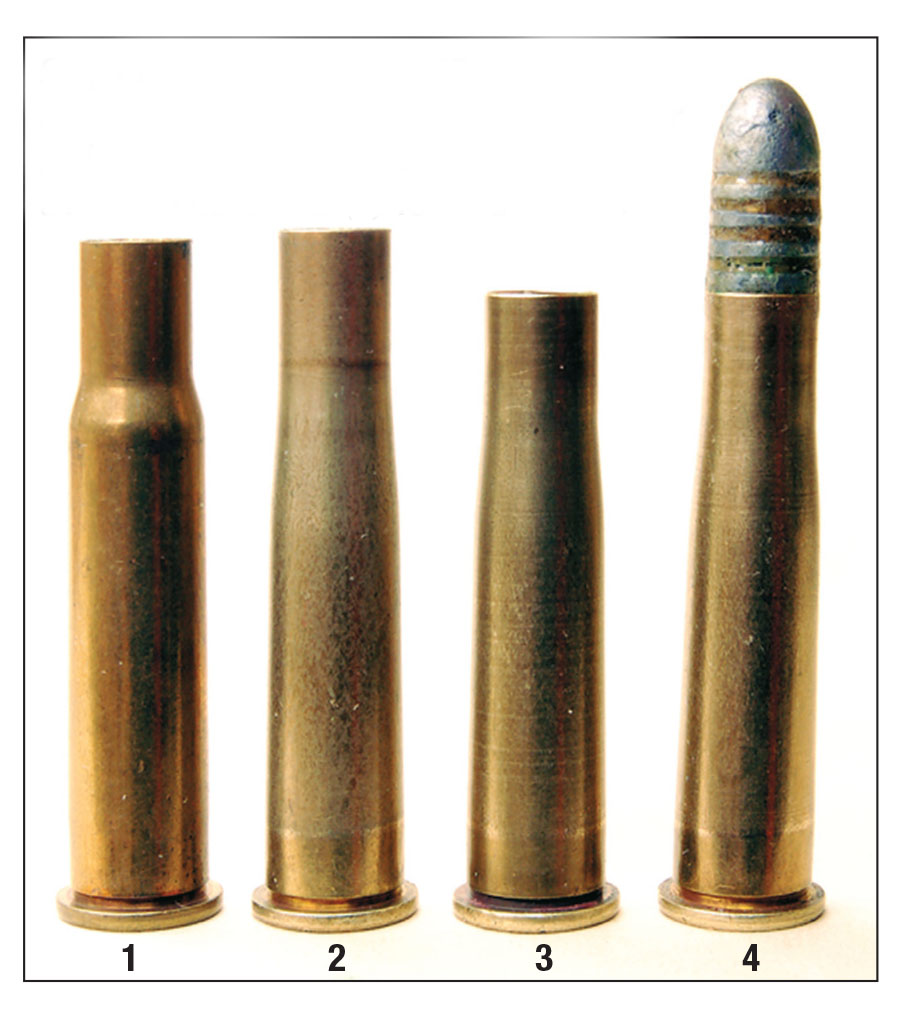 Steps in forming 8.15x46R cases from .30-30 Winchester: (1) .30-30, (2) after sizing in full length 8.15x46R die, (3) trimmed case and (4) loaded round.